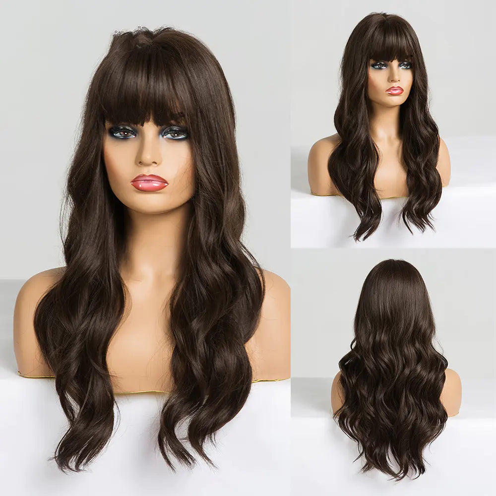 Long Brown Black Curly Bangs Wig for Women