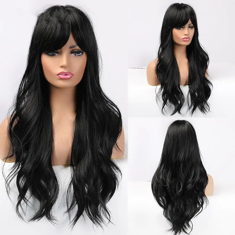 Long Brown Black Curly Bangs Wig for Women